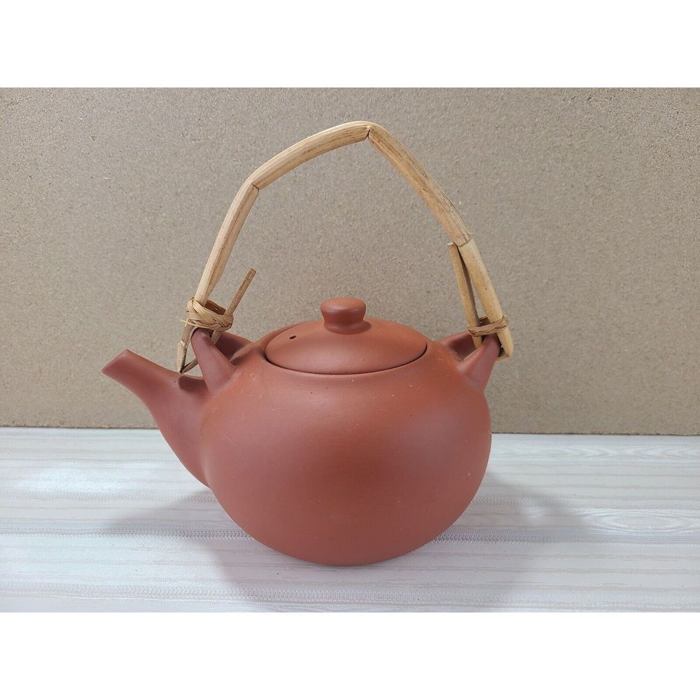Vintage Japanese Style Terracotta Clay Teapot With Lid And Bamboo Handle 6" H